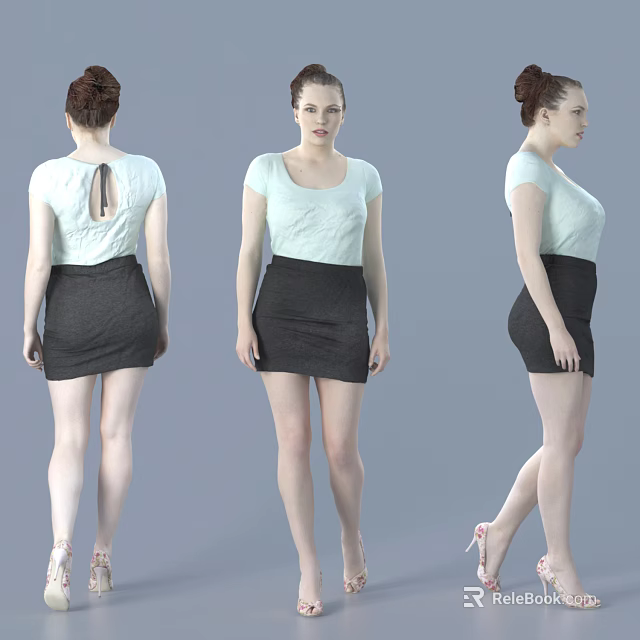 Woman In Light Green Top And Dark Skirt With High Heels From Three Angles 3d model 