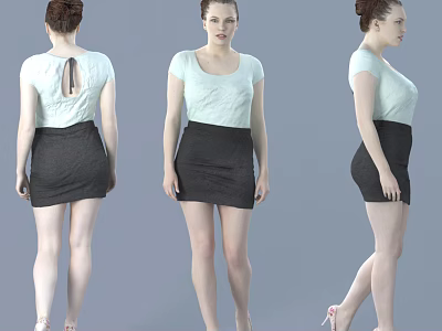 Woman In Light Green Top And Dark Skirt With High Heels From Three Angles 3d model