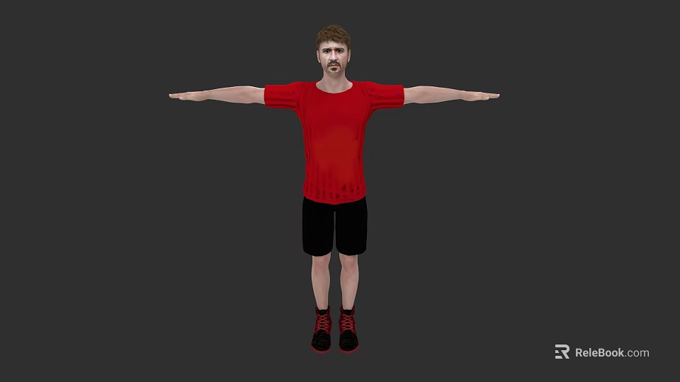 A Man in Red T-shirt Black Shorts Red Shoes with Arms Outstretched on Grey Background 3d model 