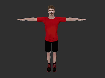 A Man in Red T-shirt Black Shorts Red Shoes with Arms Outstretched on Grey Background 3d model