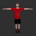 A Man in Red T-shirt Black Shorts Red Shoes with Arms Outstretched on Grey Background