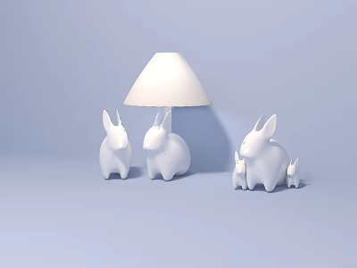 White Table Lamp with Rabbit Figurines on Light Blue Surface and Minimalist Decor 3d model