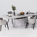 Modern Dining Table Set With Marble Top Unique Base And Light Gray Chairs 3d model