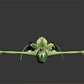 Green Game Movie Character With Antennae On Head Leaf Skirt Arms Outstretched Dark Background