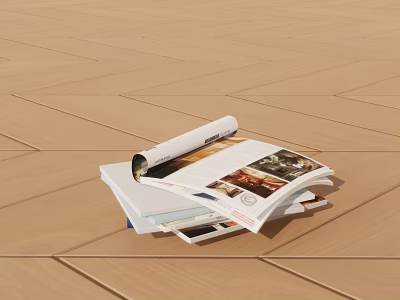 Open Books and Magazines with Colorful Images on Wooden Floor 3d model