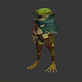 Anthropomorphic Green Frog Adventurer Character With Green Cloak Brown Armor And Dagger Standing