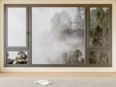 Three Casement Windows Framing Misty Tree View and Bright Interior Design 3d model