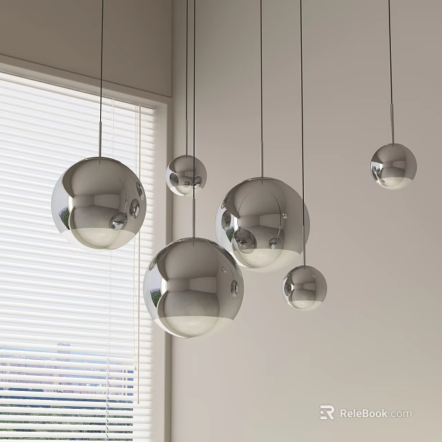 Modern Spherical Silver Pendant Lights Hanging In Interior With Window Blinds 3d model