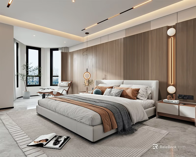 Modern Bedroom Interior Design With Wooden Walls White Bed Pillows Rug And Large Windows 3d model 