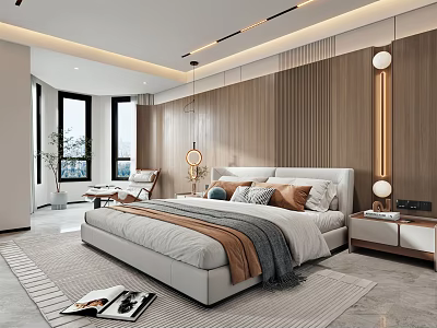 Modern Bedroom Interior Design With Wooden Walls White Bed Pillows Rug And Large Windows 3d model
