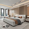 Modern Bedroom Interior Design With Wooden Walls White Bed Pillows Rug And Large Windows