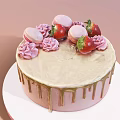 Delicious Cake Decorated With Fresh Strawberries Macarons Pink Roses Creamy Frosting And Dripping Gold Sauce
