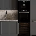 Modern Dark Gray Kitchen Cabinets With Glass Fronts And Stone Backsplash 3d model