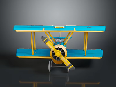 Blue And Yellow Biplane Model With Double Wings Propeller And Landing Gear 3d model