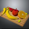 Assorted Fresh Fruits on Wooden Cutting Board Including Bananas Apple Sliced Orange and Green Grapes