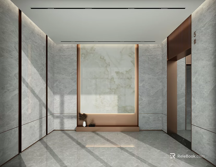 Modern Elevator Hallway Interior With Marble Walls Sleek Flooring And Recessed Lighting 3d model