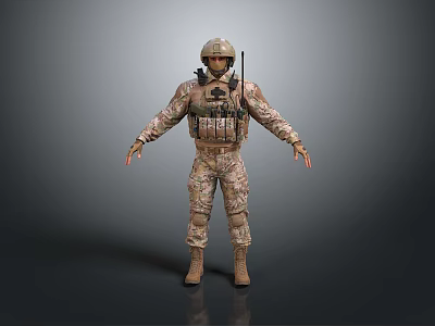 Military Game and Movie Character in Camouflage Uniform with Helmet Detailed Tactical Gear Standing Pose 3d model