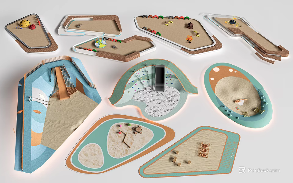 Various Shaped Garden Decorative Pieces With Colored Bases Gravel And Small Ornaments 3d model 