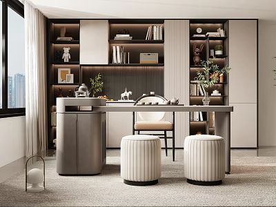 Modern Study Room Interior With Built in Bookshelves Writing Desk And Upholstered Stools 3d model