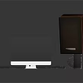 Electronic Appliances Setup With Modern Monitor And Wooden Speaker Design