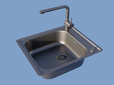 Stainless Steel Single Basin Kitchen Sink With Modern Faucet Square Design And Drain 3d model