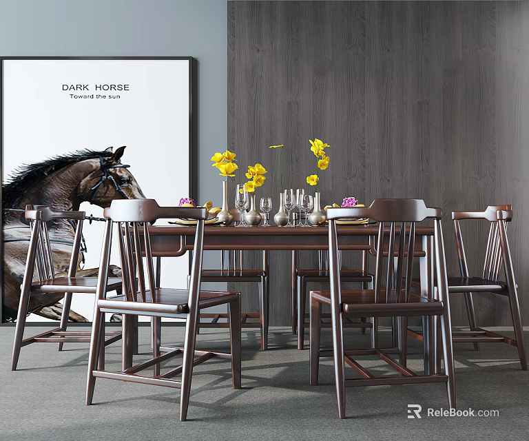 Wooden Dining Table Set With Chairs Yellow Flowers Vase Glassware On Gray Wall Background 3d model 