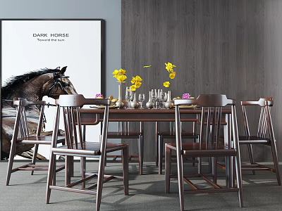 Wooden Dining Table Set With Chairs Yellow Flowers Vase Glassware On Gray Wall Background 3d model