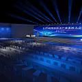 Bright Banquet Hall With Blue Backdrop Screen Podium Audience Seats And Lighting Effects For Conference