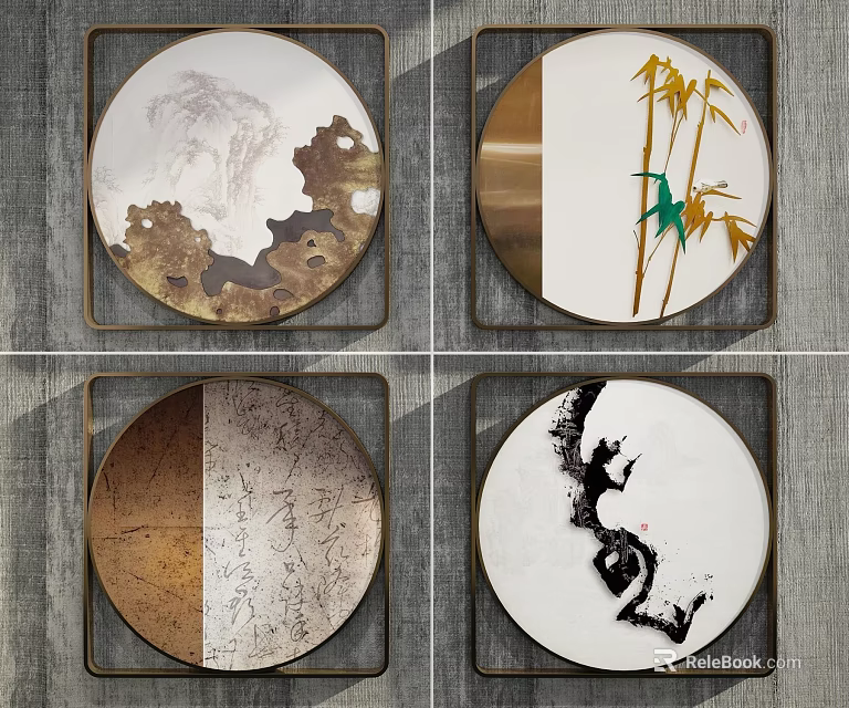 Round Abstract Paintings With Golden Frames Featuring Bamboo And Ink Wash Designs 3d model 