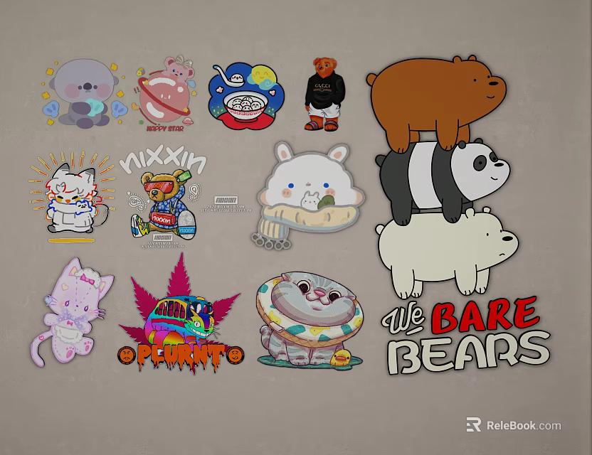 Colorful Cartoon Wall Decor with Bear Cat Stickers and Bare Bears Design 3d model 