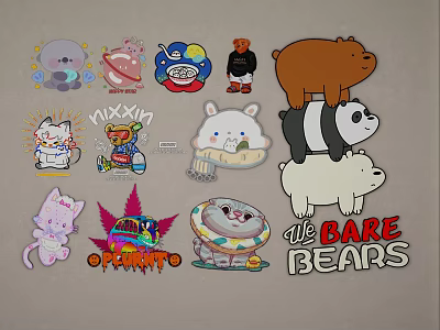 Colorful Cartoon Wall Decor with Bear Cat Stickers and Bare Bears Design 3d model