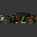 Green And White Camouflage Rally Car With Open Doors And Red Interior