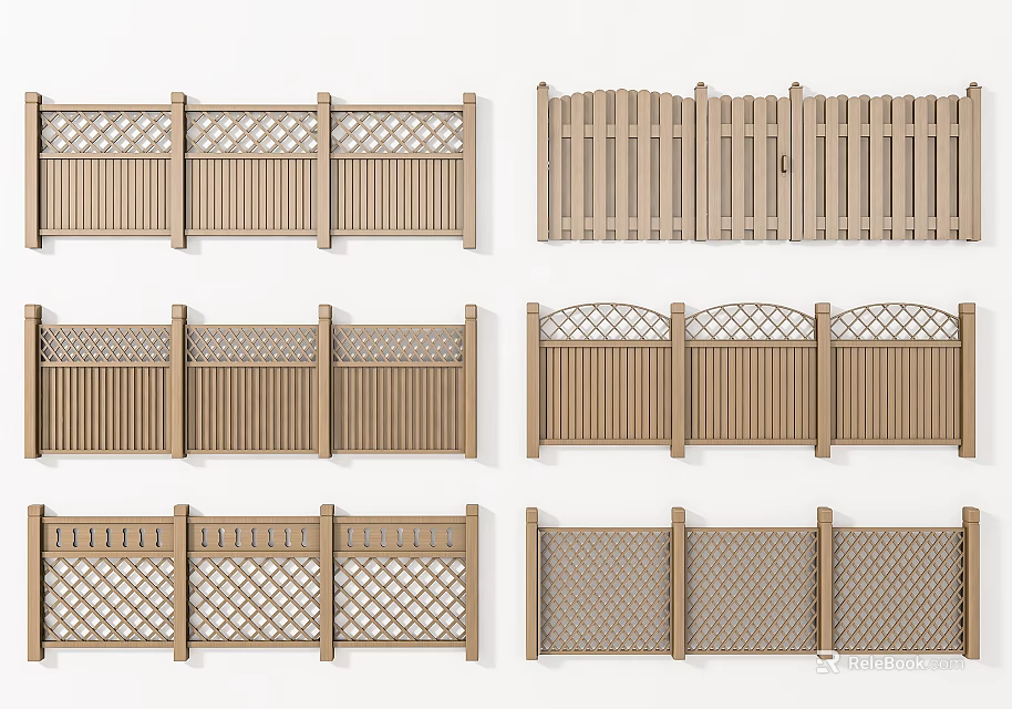Various Wooden Fence Designs With Lattice Slatted Arched And Panel Patterns 3d model 