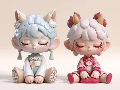 Cartoon Style Cute Dolls With Horns Blue Pink Hair Sitting Closed Eyes Decorative Clothing 3d model