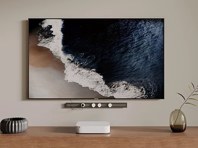 TV Wall With Ocean Waves Beach Scene On Modern TV Stand With Decorative Vase 3d model