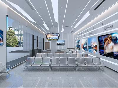 Modern Station Waiting Area With Silver Seats Wall Posters TV Screens And Ceiling Linear Lights 3d model