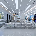 Modern Station Waiting Area With Silver Seats Wall Posters TV Screens And Ceiling Linear Lights