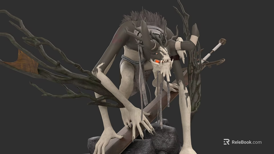 Mythical Antlered Creature With Red Eyes Lanky Figure Tattered Cloth And Twisted Branches Holding Sword 3d model 