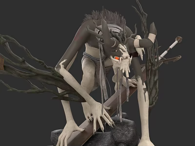 Mythical Antlered Creature With Red Eyes Lanky Figure Tattered Cloth And Twisted Branches Holding Sword 3d model