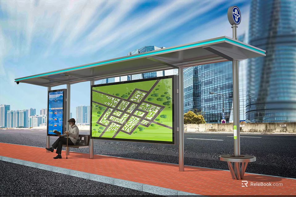 Traffic Sign at Modern Bus Stop with Large Map Display in Urban City Setting 3d model 
