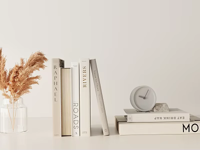 Minimalist Books and Magazines Display with Pampas Grass Clock on Light Table White Background 3d model