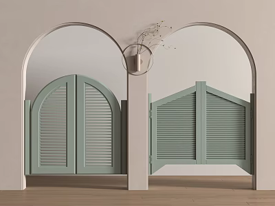 Minimalist Interior With Arched Door Frames Light Green Shutter Doors And Decorative Vase 3d model