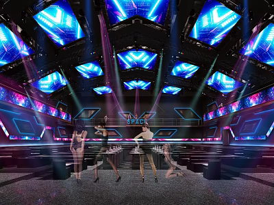 Modern Vibrant Bar With Blue Purple Neon Lighting Stage And Dancers 3d model