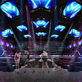 Modern Vibrant Bar With Blue Purple Neon Lighting Stage And Dancers