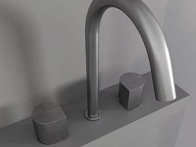 Modern Stainless Steel Faucet With Two Handles On Contemporary Sink Counter 3d model