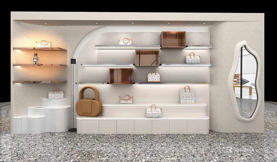White Display Shelves With Multiple Layers For Various Style Handbags In Retail Store 3d model 
