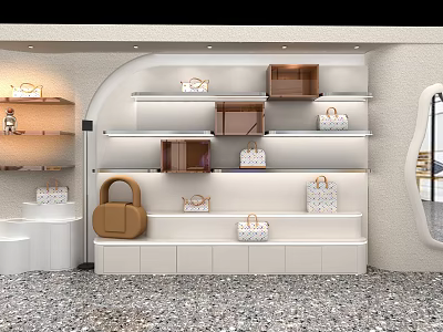White Display Shelves With Multiple Layers For Various Style Handbags In Retail Store 3d model