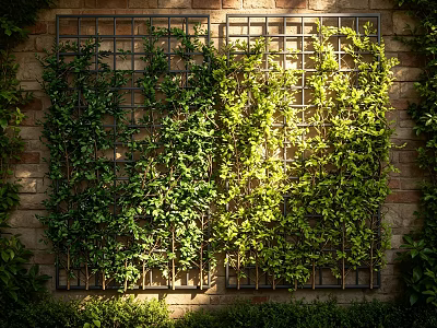 Lush Green Vines Growing On Metal Trellis Against Brick Wall In Sunlight 3d model