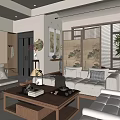 Chinese Traditional Living Room Interior Design With Wooden Screen Sofa And Coffee Table