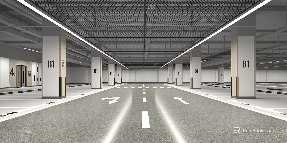 Spacious Indoor Parking Garage With Columns Floor Markings Arrows And Grid Ceiling 3d model 